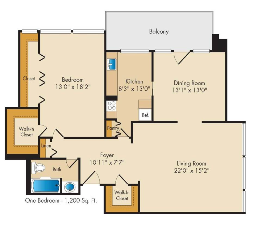 Floor plan for 1 bed, 1 bath, 1200 sqft